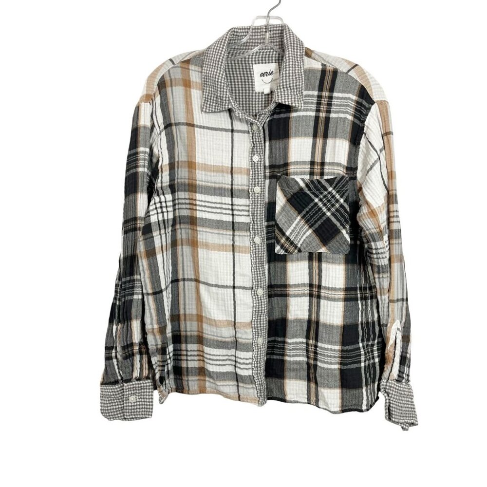 Aerie Black White Multi Plaid Gauze Long Sleeve Button Down Shirt Women's SMALL